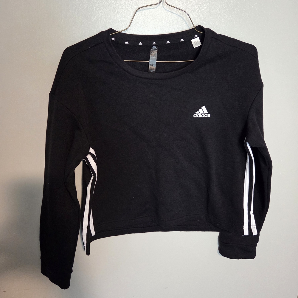 adidas Black Cropped Crewneck with White Stripe Accents